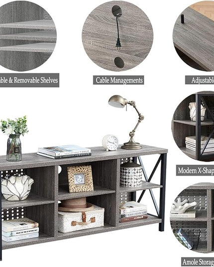 LVB Rustic TV Stand for 55 Inch TV, Industrial Home Entertainment Center with Cabinet Storage Shelf, Modern Wood and Metal Television Media Console Table for Bedroom Living Room, Light Gray Oak, 47 In - LeafyLoom
