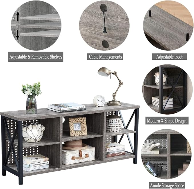 LVB Rustic TV Stand for 55 Inch TV, Industrial Home Entertainment Center with Cabinet Storage Shelf, Modern Wood and Metal Television Media Console Table for Bedroom Living Room, Light Gray Oak, 47 In - LeafyLoom