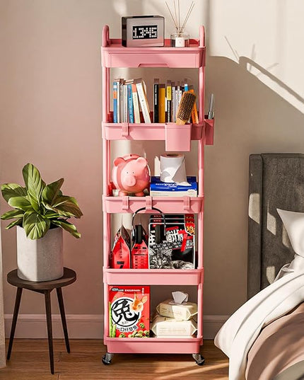 5 Tier Small Rolling Cart Organizer,Bathroom Cart Organizers with Wheels Laundry Room Organization Mobile Shelving Unit Utility Cart Storage Shelves Multi-Functional for Office, Home(Pink) - LeafyLoom