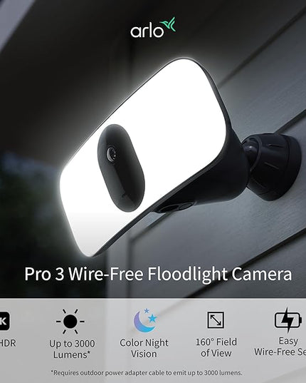 Arlo Pro 3 LED Floodlight Security Camera 2K HDR 2000-3000 Lumens | Wire-Free | Protect Driveways & Alleyways | Connects to Wi-Fi | Color Night Vision, Motion Sensor, 2-Way Audio, Rechargeable (Black) Arlo