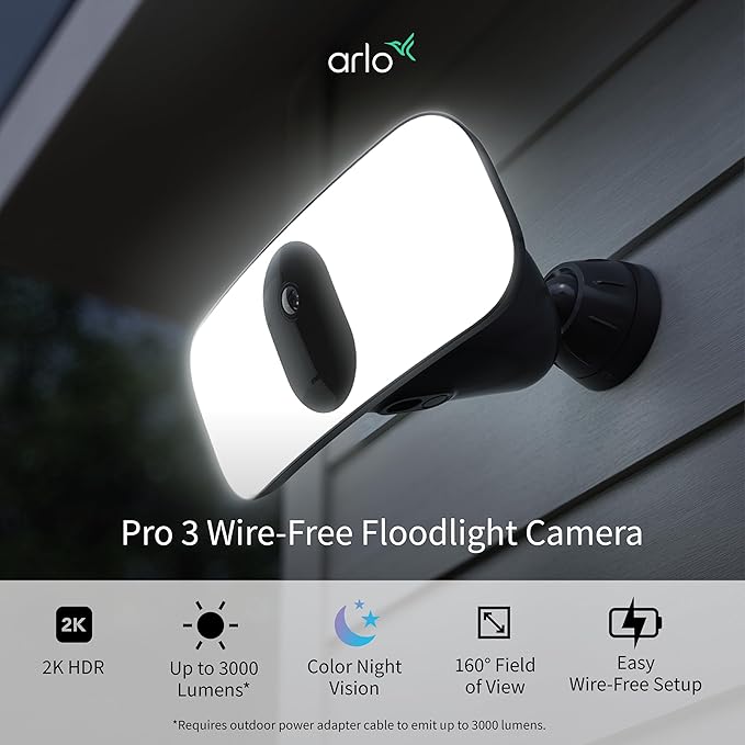 Arlo Pro 3 LED Floodlight Security Camera 2K HDR 2000-3000 Lumens | Wire-Free | Protect Driveways & Alleyways | Connects to Wi-Fi | Color Night Vision, Motion Sensor, 2-Way Audio, Rechargeable (Black) Arlo