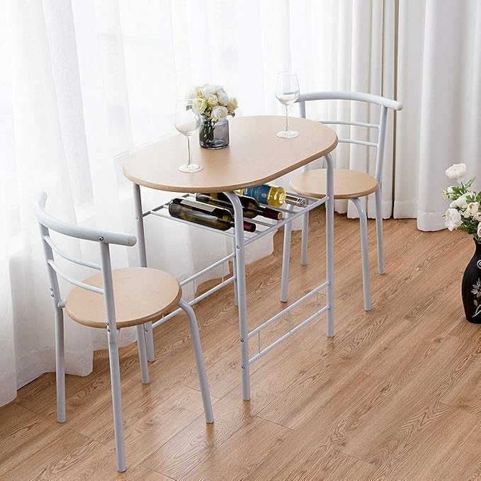 FANTASK 3 Pieces Dining Set, Breakfast Table Set w/Metal Frame and Storage Shelf, Compact Table and 2 Chairs Set for Home Bistro Pub Apartment Kitchen Dining Room Cafe - LeafyLoom