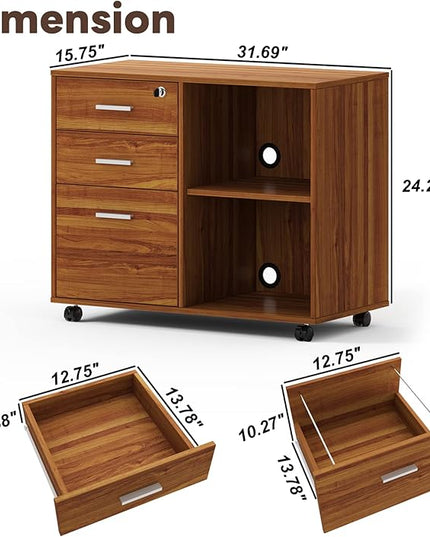 Maxtown Wood Filing Cabinet, Mobile Lateral Filing Cabinet with Lock, 3 Drawer Filing Cabinet with Open Storage Shelves, Printer Stand for Home Office, Teak - LeafyLoom