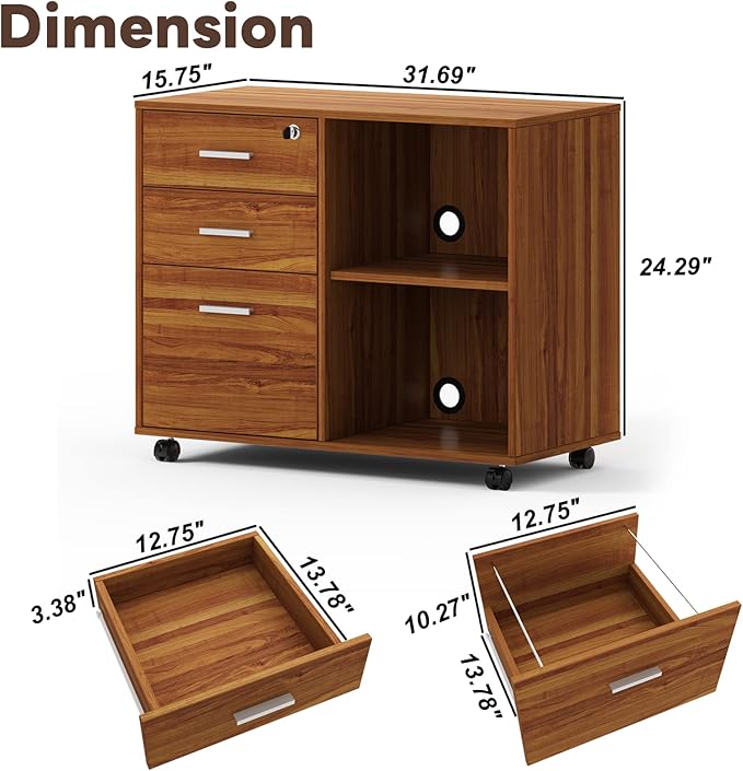 Maxtown Wood Filing Cabinet, Mobile Lateral Filing Cabinet with Lock, 3 Drawer Filing Cabinet with Open Storage Shelves, Printer Stand for Home Office, Teak - LeafyLoom