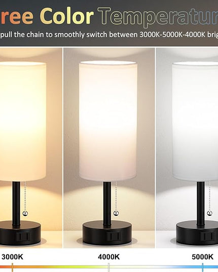 White Bedside Table Lamps Set of 2-3 Color Temperatures Pull Chain Lamp with AC Outlet Charging Port, Two Round Night Stand Lamps for Bedroom Office, Small Bed Side Light with E26 LED Bulbs - LeafyLoom