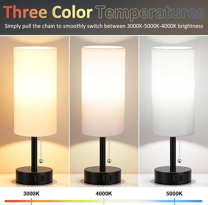 White Bedside Table Lamps Set of 2-3 Color Temperatures Pull Chain Lamp with AC Outlet Charging Port, Two Round Night Stand Lamps for Bedroom Office, Small Bed Side Light with E26 LED Bulbs - LeafyLoom