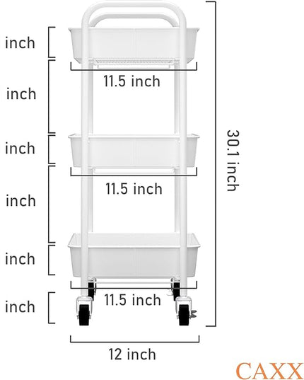 CAXXA 3-Tier Rolling Metal Storage Organizer - Mobile Utility Cart Kitchen Cart with Caster Wheels, White - LeafyLoom