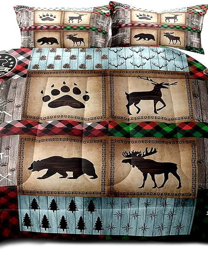 LUVIVIHOME 3PCS Rustic Farmhouse Cabin Comforter Set King Size, Bear Elk Moose Deer Bedding Sets, Forest Animal Wildlife Hunting Country Lodge Green Red Plaid Brown Patchwork Quilt, 2 Pillow Shams - LeafyLoom