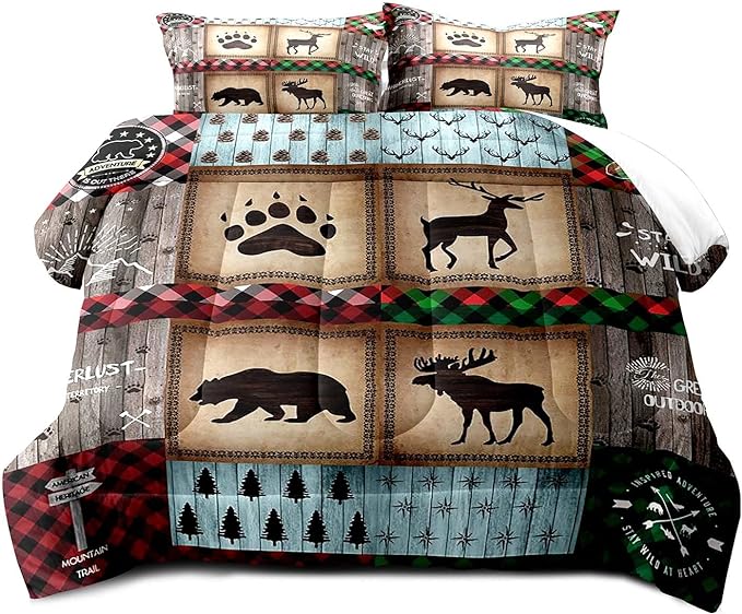 LUVIVIHOME 3PCS Rustic Farmhouse Cabin Comforter Set King Size, Bear Elk Moose Deer Bedding Sets, Forest Animal Wildlife Hunting Country Lodge Green Red Plaid Brown Patchwork Quilt, 2 Pillow Shams - LeafyLoom