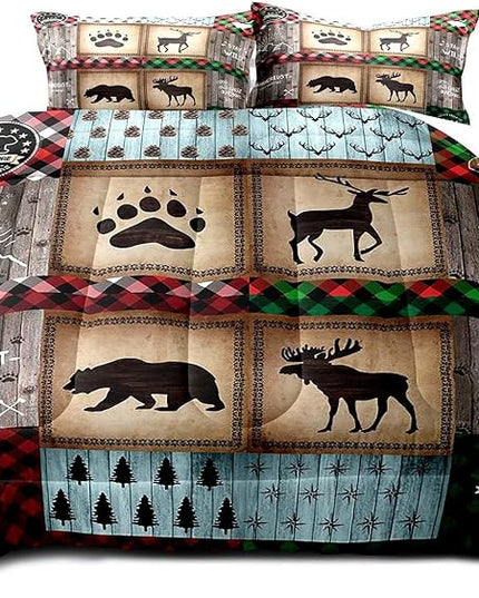 LUVIVIHOME 3PCS Rustic Farmhouse Cabin Comforter Set Queen Size, Bear Elk Moose Deer Bedding Sets, Forest Animal Wildlife Hunting Country Lodge Green Red Plaid Brown Patchwork Quilt, 2 Pillow Shams - LeafyLoom