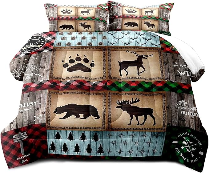 LUVIVIHOME 3PCS Rustic Farmhouse Cabin Comforter Set Queen Size, Bear Elk Moose Deer Bedding Sets, Forest Animal Wildlife Hunting Country Lodge Green Red Plaid Brown Patchwork Quilt, 2 Pillow Shams - LeafyLoom