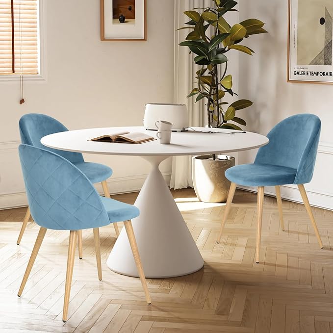 FurnitureR Upholstered Velvet Dining Chair Mid Back Armless with Wood Legs for Home Kitchen Bedroom Living Room, Set of 2, Sky Blue - LeafyLoom
