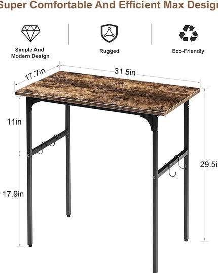 VECELO 32 Inch Small Computer Stable Writing Study Work 4 Hooks Adjustable Feet Wooden Desk for Home,Bedroom,Rusic Brown, 32Inches - LeafyLoom