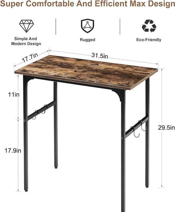VECELO 32 Inch Small Computer Stable Writing Study Work 4 Hooks Adjustable Feet Wooden Desk for Home,Bedroom,Rusic Brown, 32Inches - LeafyLoom