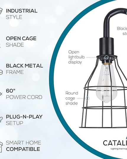 Catalina Lighting 24289-000 Modern Floor Lamp with Caged Shade for Office, Living Room, Dorm or Bedroom, Smart Home Compatible, Bulb Not Included, 60", Black - LeafyLoom