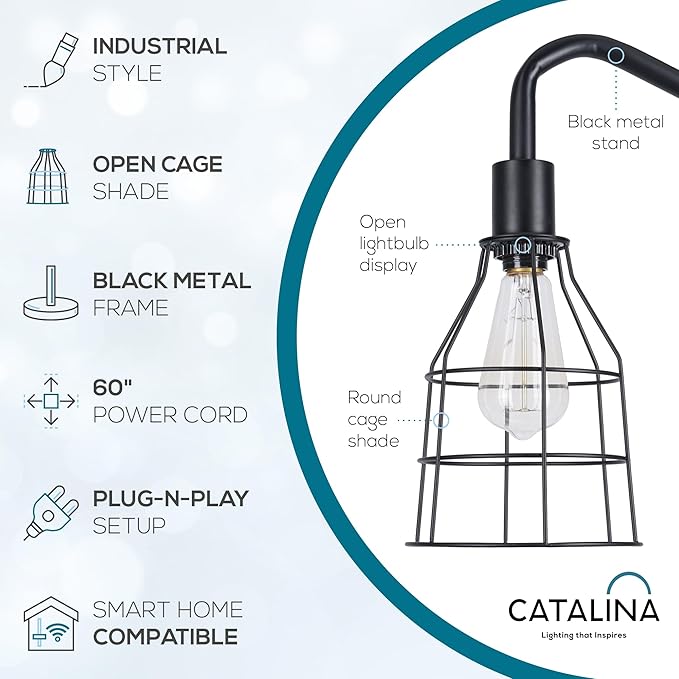 Catalina Lighting 24289-000 Modern Floor Lamp with Caged Shade for Office, Living Room, Dorm or Bedroom, Smart Home Compatible, Bulb Not Included, 60", Black - LeafyLoom