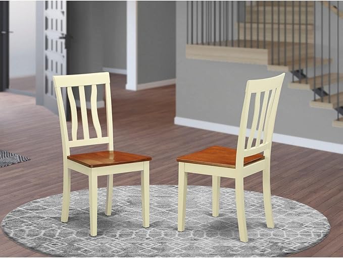East West Furniture Antique Dining Room Slat Back Solid Wood Seat Chairs, Set of 2, Buttermilk & Cherry - LeafyLoom