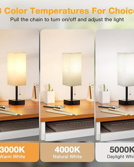 Small Linen Bedroom Lamp - 3 Color Temperature 3000K 5000K 4000K Bedside Lamp, Pull Chain Control, USB A and C Charging Ports, Black Base, for Kids Office Dorm, Bulb Included - LeafyLoom