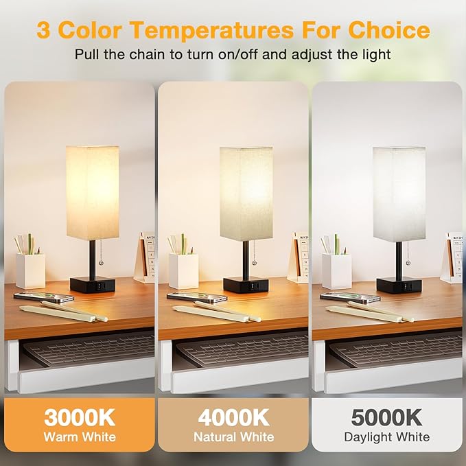 Small Linen Bedroom Lamp - 3 Color Temperature 3000K 5000K 4000K Bedside Lamp, Pull Chain Control, USB A and C Charging Ports, Black Base, for Kids Office Dorm, Bulb Included - LeafyLoom