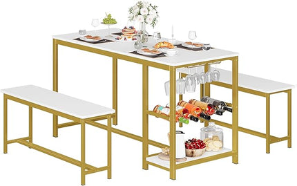 3-Piece Kitchen Table for 4, 55" Dining Table Set with 2 Benches, Dining Room Table with Metal Frame, Storage Shelf, Wine and Glass Rack, Modern (white) (White) - LeafyLoom