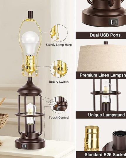 QiMH Table Lamp for Living Room with USB Ports, Touch Control 3-Way Dimmable Bedside Lamp with LED Night Light, Farmhouse Rustic Nightstand Lamp Bedroom Decor(2700K Bulbs Included) - LeafyLoom