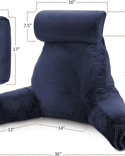 Clara Clark Reading Pillow, Large Back Pillow for Sitting Up in Bed, Memory Foam Back Support Pillow, Reading Pillows for Sitting in Bed Adult, Navy Blue Sit Up Pillow for Bed with Arms and Pockets - LeafyLoom