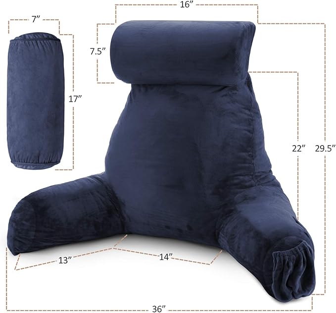 Clara Clark Reading Pillow, Large Back Pillow for Sitting Up in Bed, Memory Foam Back Support Pillow, Reading Pillows for Sitting in Bed Adult, Navy Blue Sit Up Pillow for Bed with Arms and Pockets - LeafyLoom