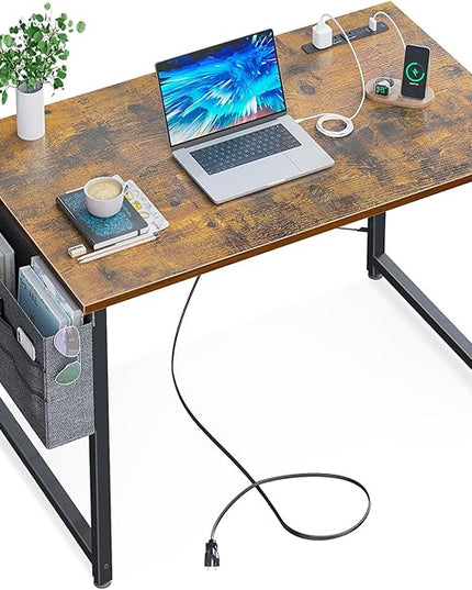 KKL Small Desk with Power Outlets and USB Port Computer Desk for Home Office Gaming Simple Modern Style Writing Desks with Storage Bag Headphone Hook, 32 inch, Rustic Brown - LeafyLoom
