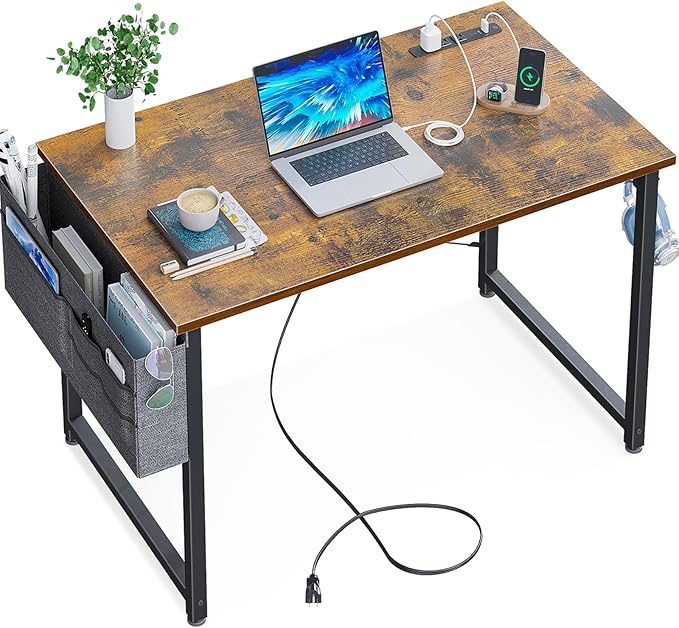 KKL Small Desk with Power Outlets and USB Port Computer Desk for Home Office Gaming Simple Modern Style Writing Desks with Storage Bag Headphone Hook, 32 inch, Rustic Brown - LeafyLoom