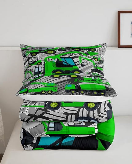 Excavator Down Comforter, Kids Boys Cartoon Car Comforter Set Full, Children Tractor Truck Duvet Sets Girls Construction Vehicle Bulldozer Bedding Set 3 Pieces with 2 Pillow Cases, Green Gray - LeafyLoom