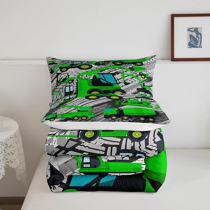 Excavator Down Comforter, Kids Boys Cartoon Car Comforter Set Full, Children Tractor Truck Duvet Sets Girls Construction Vehicle Bulldozer Bedding Set 3 Pieces with 2 Pillow Cases, Green Gray - LeafyLoom