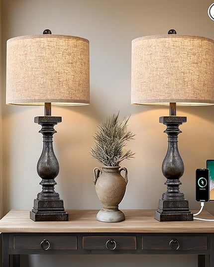 BOBOMOMO 27" Farmhouse Table Lamp Set of 2 with USB A+C for Bedroom Living Room Vintage Rustic Traditional Nightstand Bedside Lamps Retro Side Table Lamps (Black) - LeafyLoom