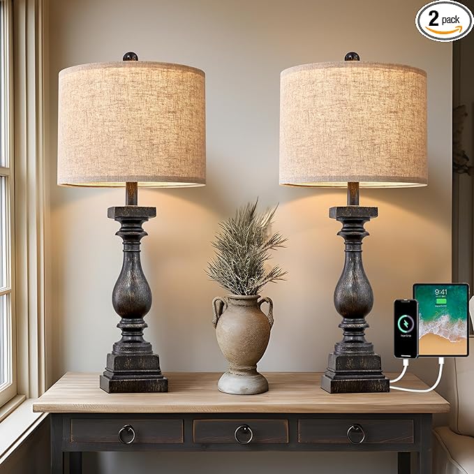 BOBOMOMO 27" Farmhouse Table Lamp Set of 2 with USB A+C for Bedroom Living Room Vintage Rustic Traditional Nightstand Bedside Lamps Retro Side Table Lamps (Black) - LeafyLoom