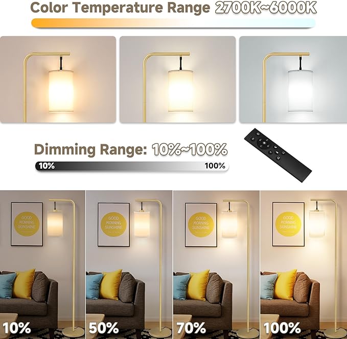 Floor Lamp for Living Room, 9W LED Bulb, Remote Custom Color Temperature & Brightness, Standing Lamps for Bedroom Office Kid Room, Gold - LeafyLoom
