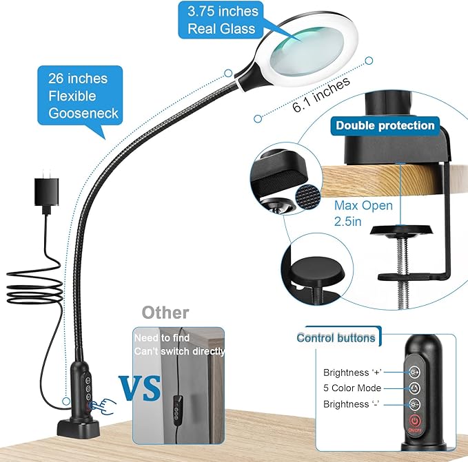 26" Gooseneck Magnifying Lamp with Clamp, 5 Color Modes Stepless Dimmable LED Desk Light with Magnifying Glass, 8X Real Glass Lighted Magnifier Hands Free for Painting Close Work Craft Hobby - LeafyLoom