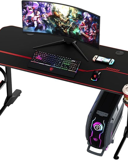 55'' Gaming Desk, Multi-Use Home Office T-Shaped Computer Workstation, Carbon Fiber Surface PC Study Table, Full Cover Mousepad, Drink Holder, Wire Holes, Headphone Hook, Cable Tray, Red - LeafyLoom