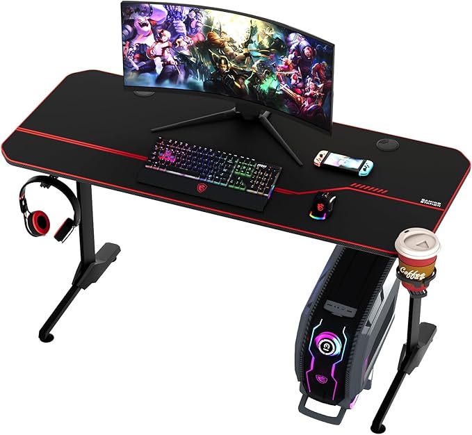 55'' Gaming Desk, Multi-Use Home Office T-Shaped Computer Workstation, Carbon Fiber Surface PC Study Table, Full Cover Mousepad, Drink Holder, Wire Holes, Headphone Hook, Cable Tray, Red - LeafyLoom