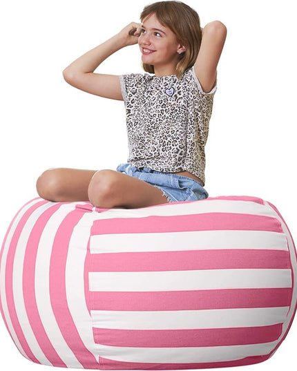 Aubliss Stuffed Animal Storage Bean Bag Chair Cover Only for Plush Toys, Blankets, X-Large 48"-Canvas Stripes Pink/White - LeafyLoom