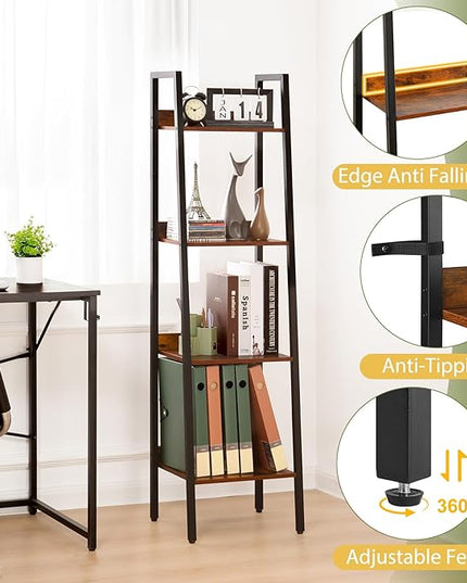 Yoobure Ladder Shelf, 4 Tier Tall Ladder Bookshelf Corner Shelf, Industrial Book Shelf Ladder Bookcase Narrow, Standing Storage Shelves Display Shelf for Bedroom Living Room Office Kitchen Bathroom - LeafyLoom