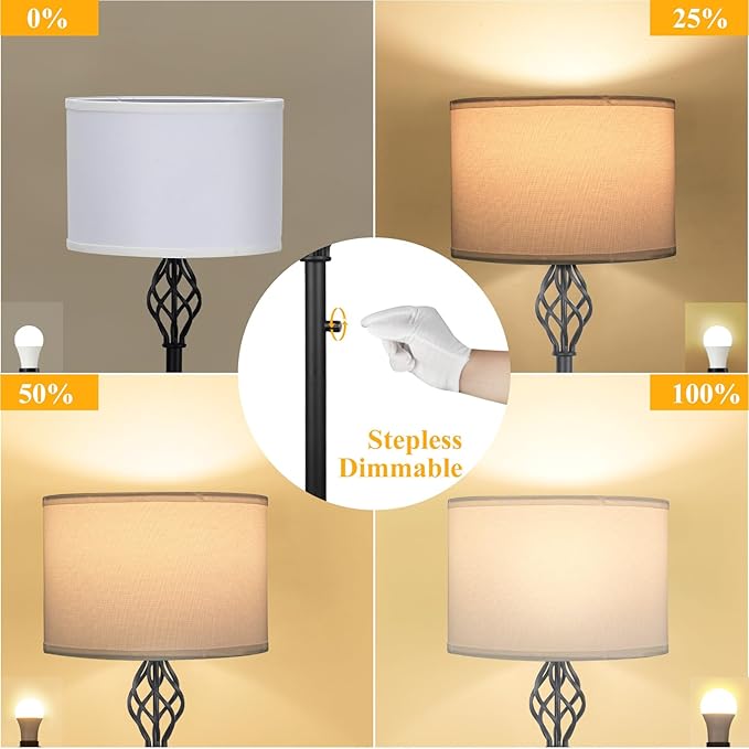 Floor Lamps for Living Room, Standing Lamp, Stepless Dimmable Floor Lamp with White Linen Shade, Rotary Switch, 2700K 10W Bulb Included, Modern Floor Lamp for Bedroom, Reading Tall Lamp for Office - LeafyLoom