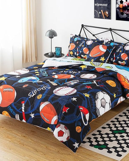 ADASMILE A & S Sports Comforter Set Twin for Boys Kids Bed in A Bag Comforter 6 Piece 3D Soccer Basketball Baseball Football Bedding Set for Kids Football Comforter with Sports Sheet Sets Home Decor - LeafyLoom