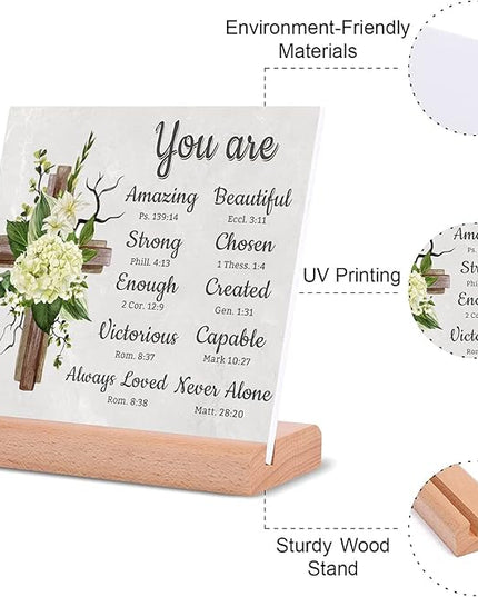TIKTREE Christian Gifts, Religious Gifts for Women Faith, Catholic Spiritual Gifts with Bible Verse, Christian Home Desk Decor with Wood Stand - LeafyLoom