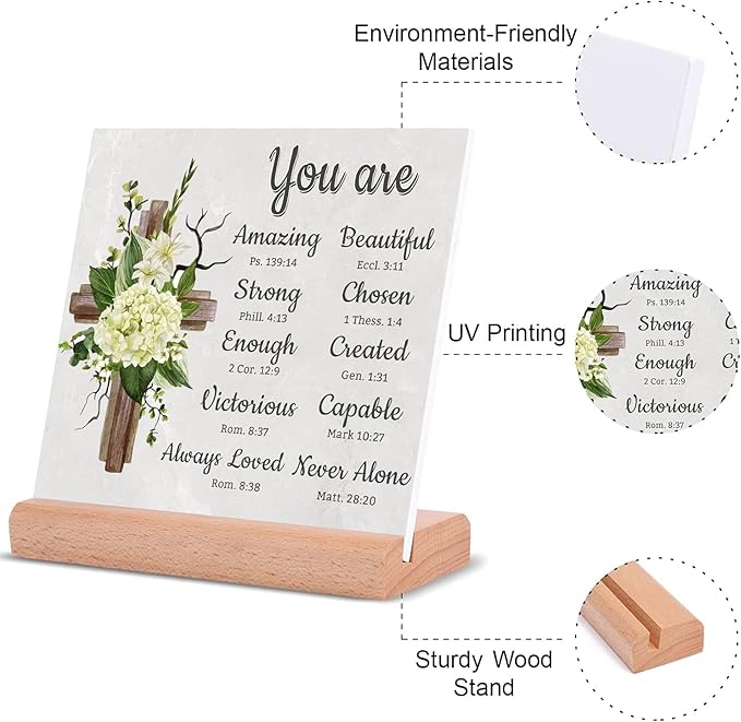 TIKTREE Christian Gifts, Religious Gifts for Women Faith, Catholic Spiritual Gifts with Bible Verse, Christian Home Desk Decor with Wood Stand - LeafyLoom