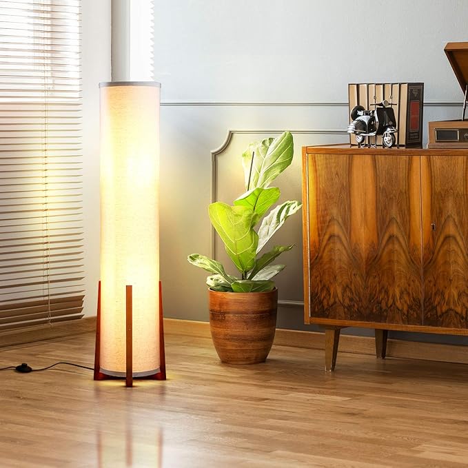 Brightech Parker LED Floor lamp, 48 Inches Tall Lamp with Wood Frame, Asian Design Lamp for Bedroom, Decorative Tower Shade Lamp for Living Rooms & Offices, Great Living Room Décor - LeafyLoom