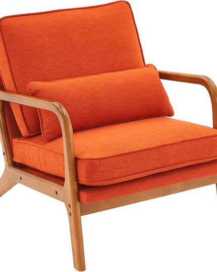 Bonnlo Linen Burnt Orange Mid Century Modern Accent Chair, Soild Wood Padding Lounge Armchairs Side Sitting Chairs for Living Room, Bedroom, Guest Room - LeafyLoom