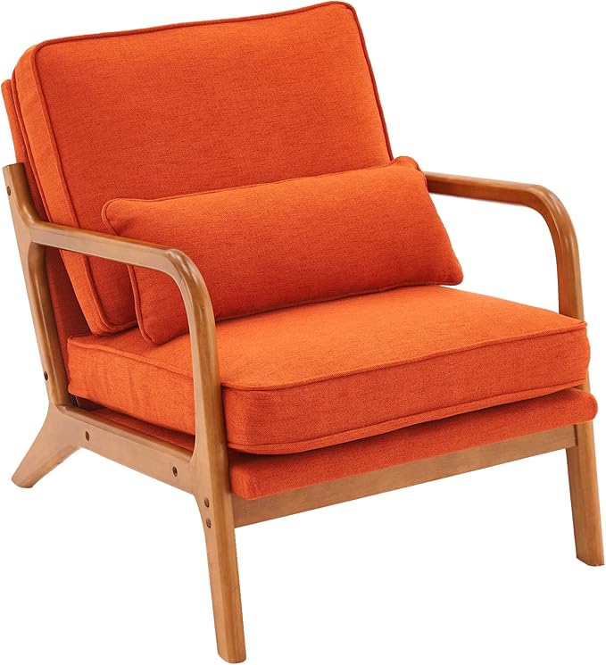Bonnlo Linen Burnt Orange Mid Century Modern Accent Chair, Soild Wood Padding Lounge Armchairs Side Sitting Chairs for Living Room, Bedroom, Guest Room - LeafyLoom