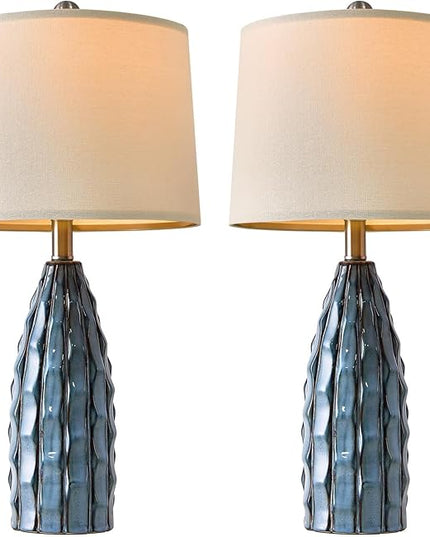 23.75" Modern Blue Ceramic Lamps Set of 2 for Living Room Study Room Office Dorm Farmhouse Nightstand, End Table Lamps - LeafyLoom