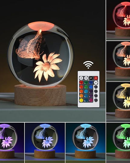 Large 3D Butterfly Crystal Ball Night Light, Gifts for Grilfriend Butterfly Crystal Lamp 16 Color Changing with Remote for Bedroom Decor, Girlfriend Gift for Teens Boys and Girls, Butterfly - LeafyLoom