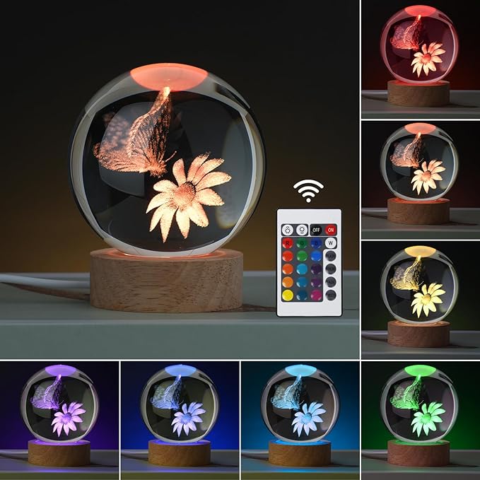 Large 3D Butterfly Crystal Ball Night Light, Gifts for Grilfriend Butterfly Crystal Lamp 16 Color Changing with Remote for Bedroom Decor, Girlfriend Gift for Teens Boys and Girls, Butterfly - LeafyLoom