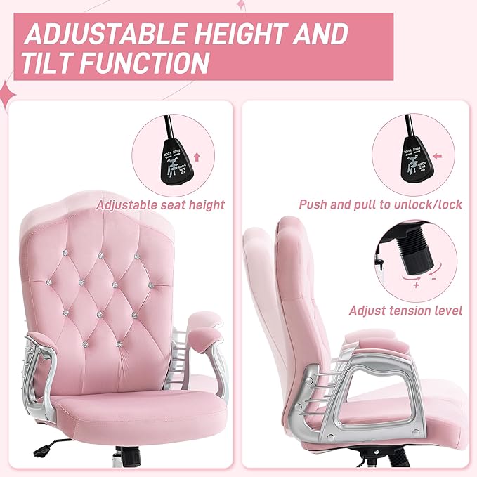 Vinsetto Home Office Chair, Velvet Computer Chair, Button Tufted Desk Chair with Swivel Wheels, Adjustable Height, and Tilt Function, Pink - LeafyLoom